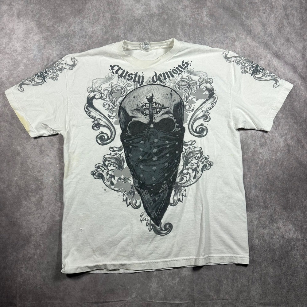 Crusty Demons Mens XL White Graphic T-Shirt Skull Bandana Filigree Motocross Tee